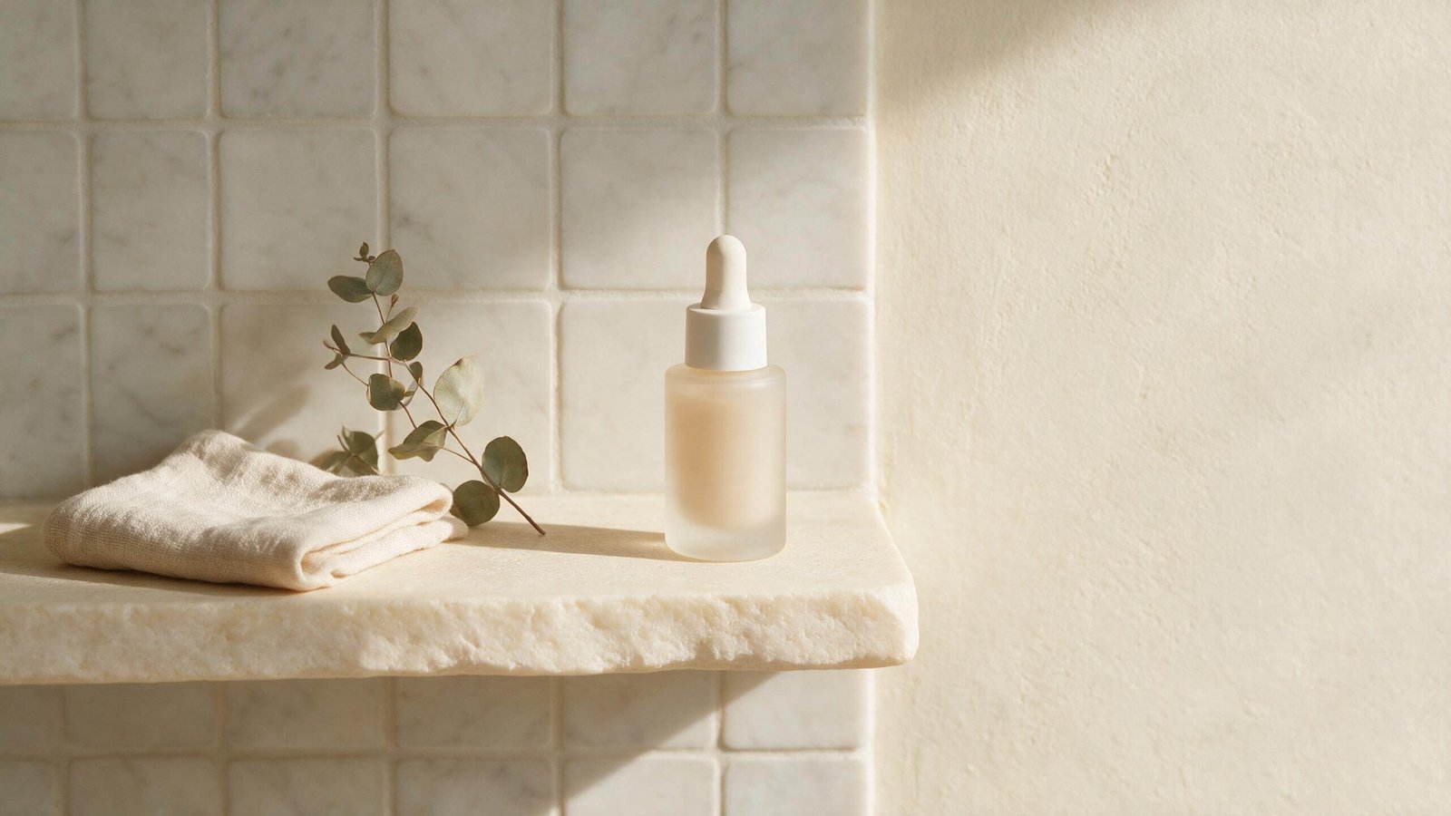 SERENVA serum bottle on a bathroom shelf in natural light